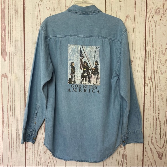 Paradise Point Sportswear Long Sleeve Denim Button Shirt 9/11 Theme 2001 Flawed - Picture 9 of 11